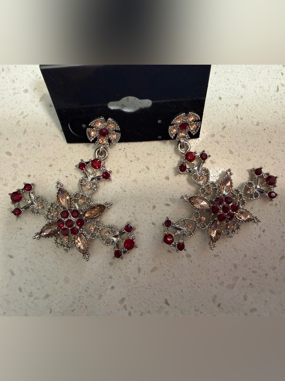 Silver-Tone Floral Drop Earrings with Red and Champagne Stones